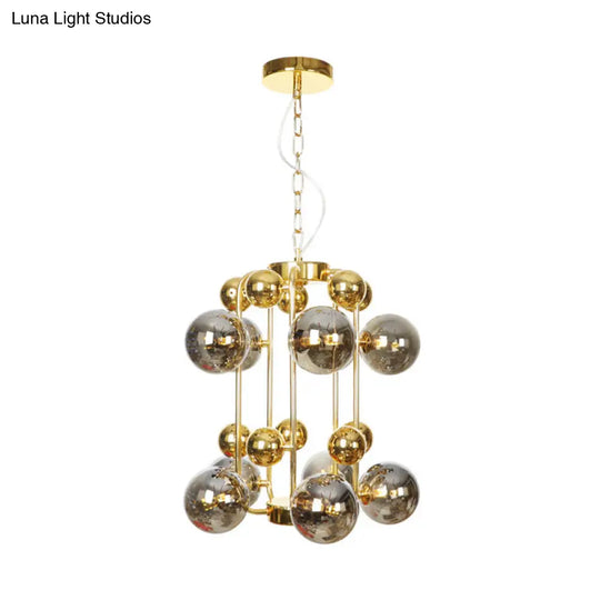 Contemporary Led Ceiling Chandelier: Global Hanging Lights In Amber/Smoke Gray Glass (10 Lights)