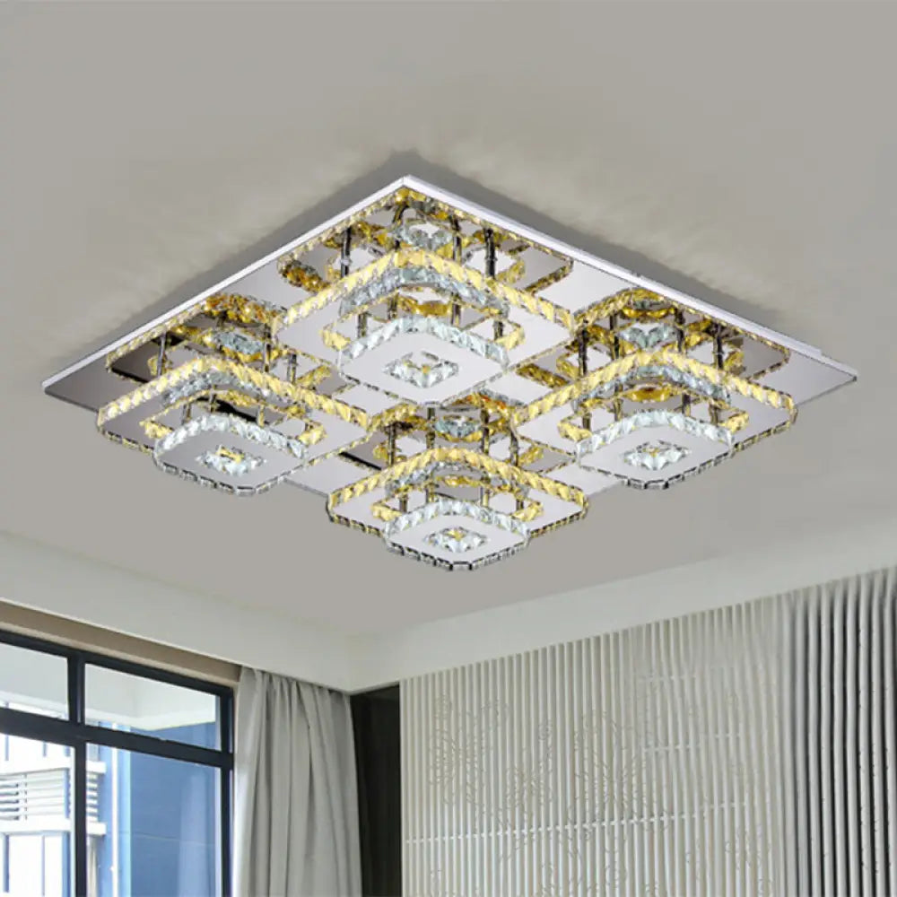 Contemporary Led Ceiling Flush Mount Light With Beveled Crystal Shade - Chrome Finish