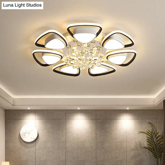 Contemporary Led Ceiling Flush Mount With Metal Petals Crystal Draping Black & White Design