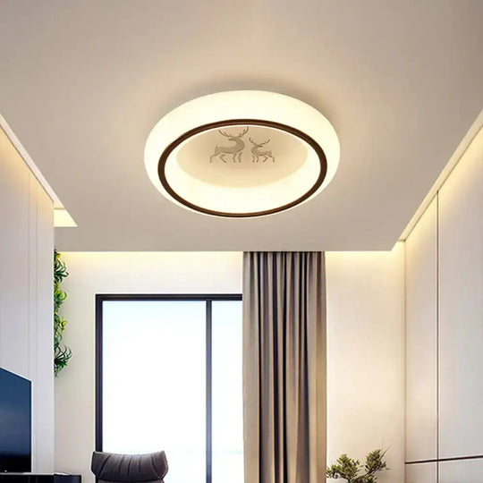 Contemporary Led Ceiling Lamp In White With Moon Deer And Hot Air Balloon Flush Light /
