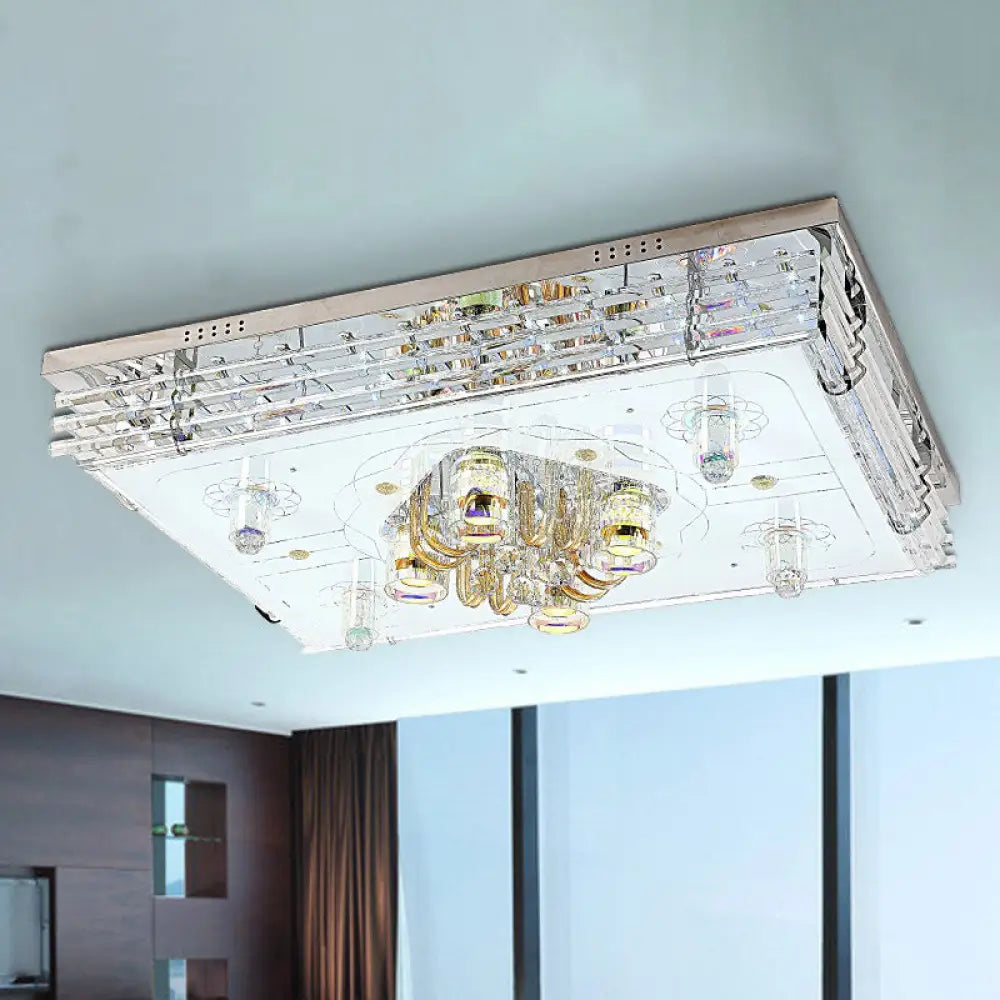 Contemporary Led Ceiling Lamp: Rectangle Clear Crystal Flush Light In Chrome For Living Room