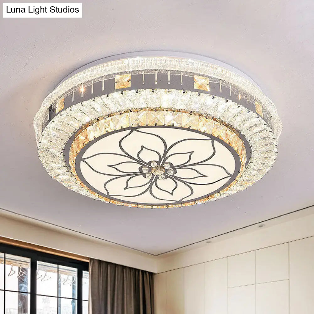 Contemporary Led Ceiling Lamp With Clear Crystal Blocks And Flower Pattern Design Stainless-Steel /