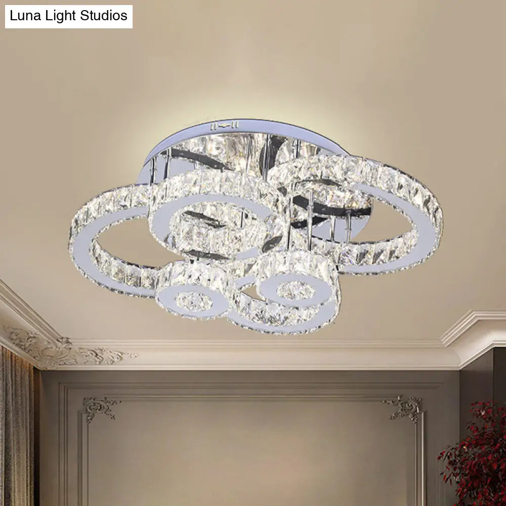 Contemporary Led Ceiling Light With Crystal Multi-Rings And Stainless Steel Finish For Bedrooms