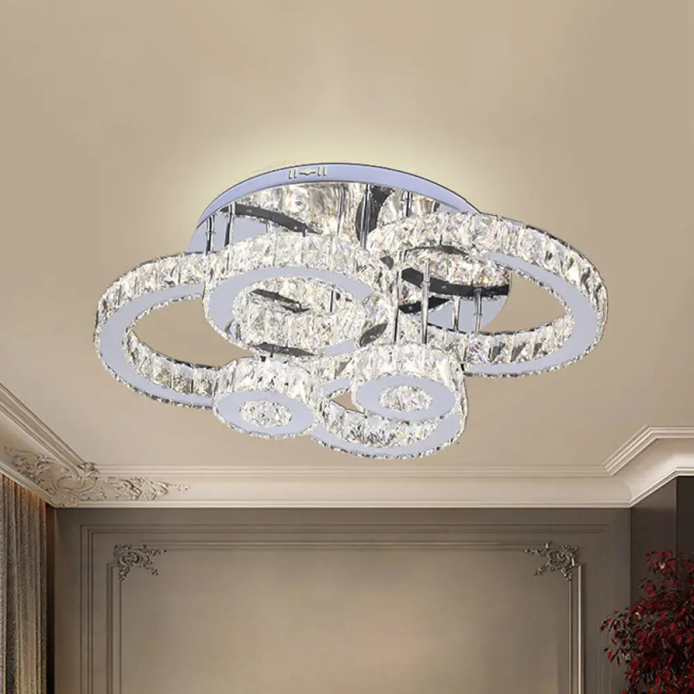 Contemporary Led Ceiling Light With Crystal Multi - Rings And Stainless Steel Finish For Bedrooms