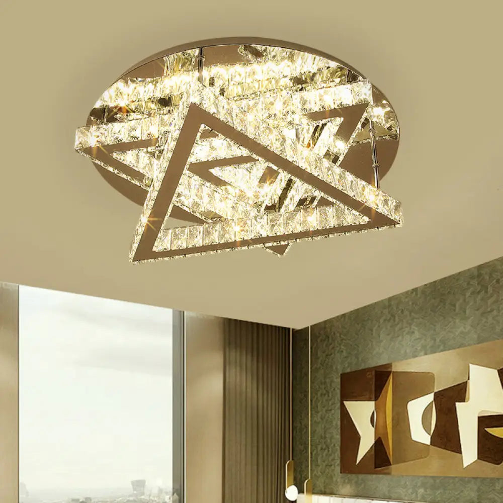 Contemporary Led Ceiling Mount Double Triangle Crystals Semi Flush In Stainless-Steel