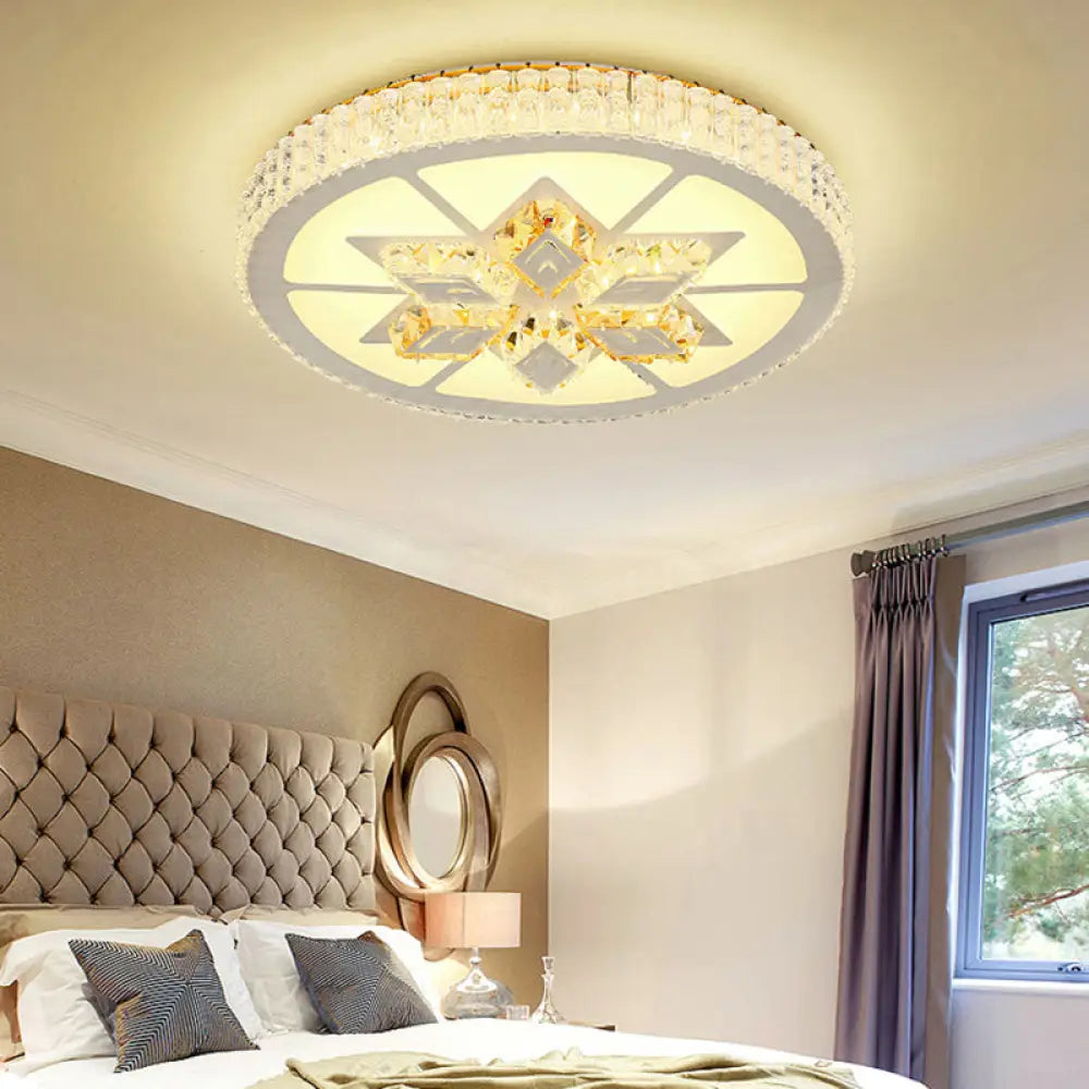 Contemporary Led Ceiling Mount Light In White With Crystal Design - Round/Hexagon/Rhombus Shape /