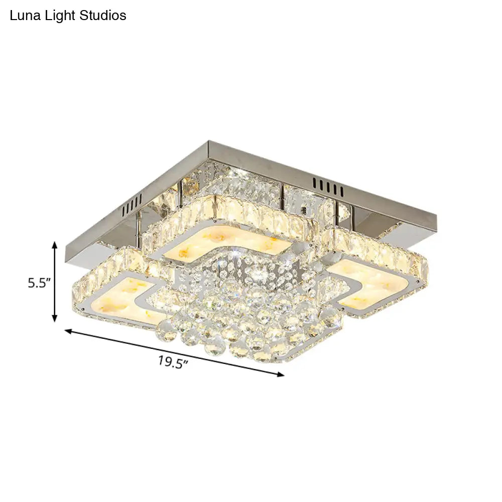 Contemporary Led Chrome Ceiling Fixture With Crystal Block & Orbs Square Semi Flush Design