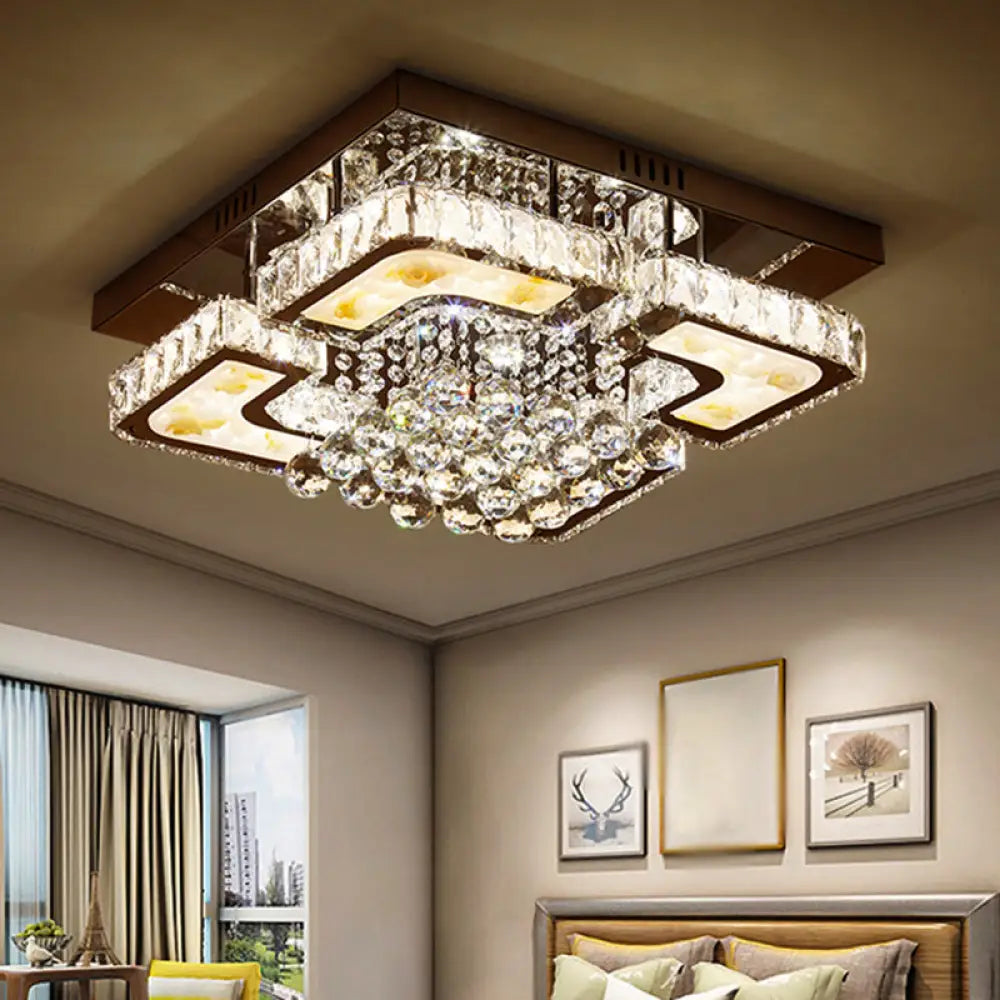 Contemporary Led Chrome Ceiling Fixture With Crystal Block & Orbs Square Semi Flush Design