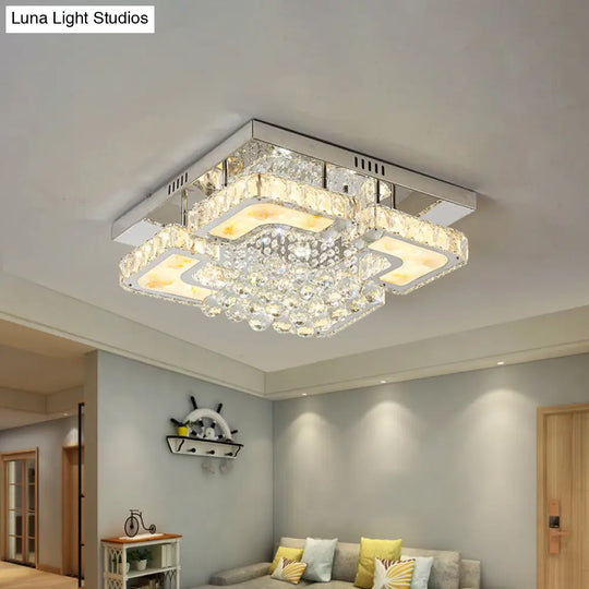 Contemporary Led Chrome Ceiling Fixture With Crystal Block & Orbs Square Semi Flush Design