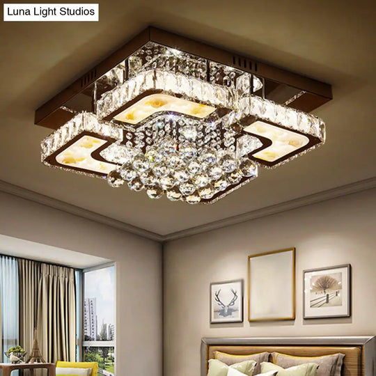 Contemporary Led Chrome Ceiling Fixture With Crystal Block & Orbs Square Semi Flush Design