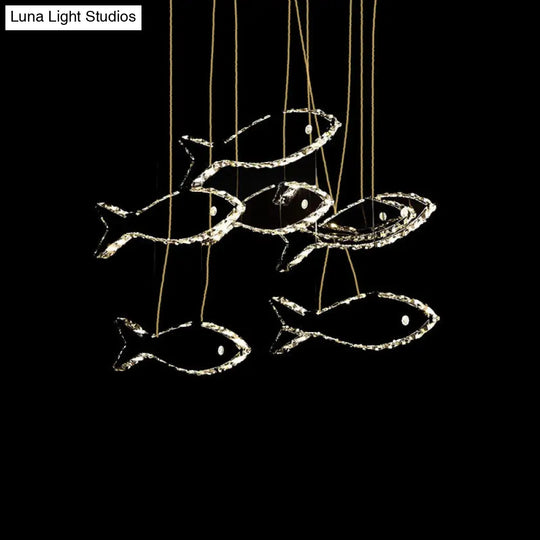 Contemporary Led Chrome Crystal Fish Ceiling Chandelier - White/Warm Light Fixture