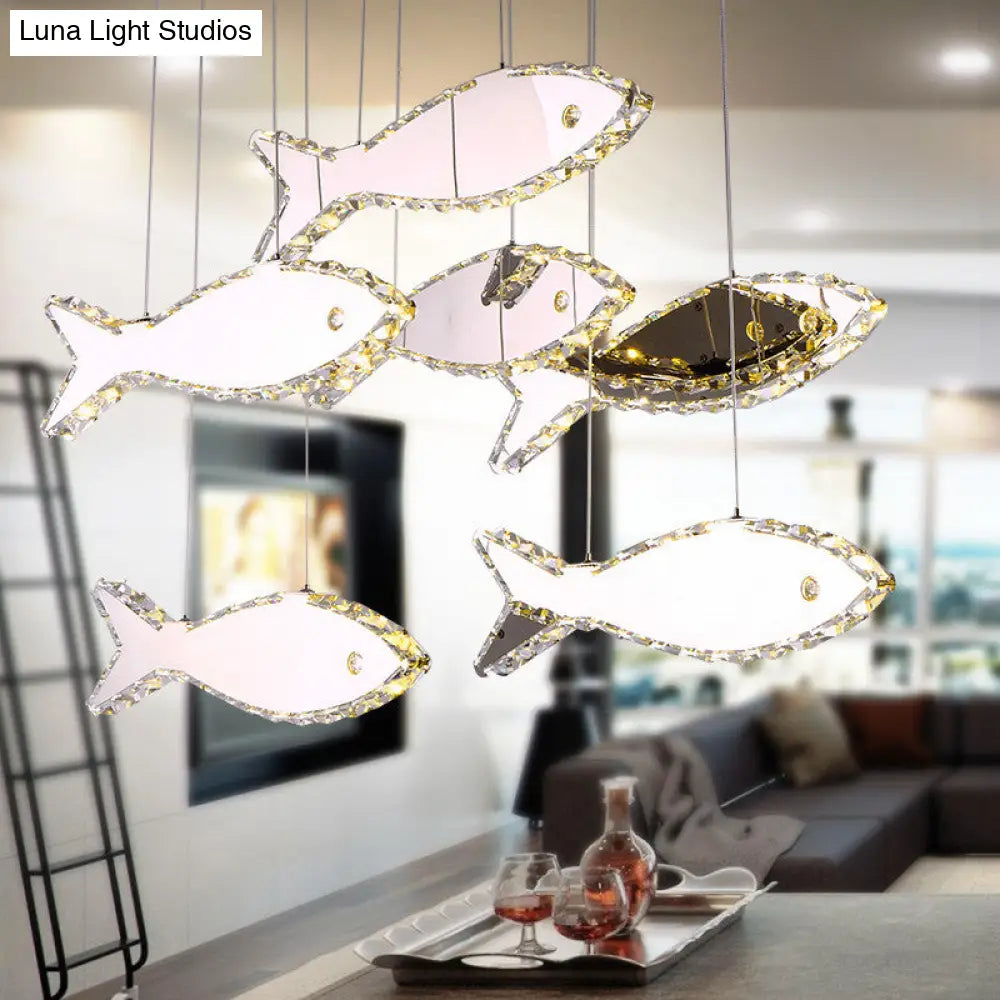 Contemporary Led Chrome Crystal Fish Ceiling Chandelier - White/Warm Light Fixture