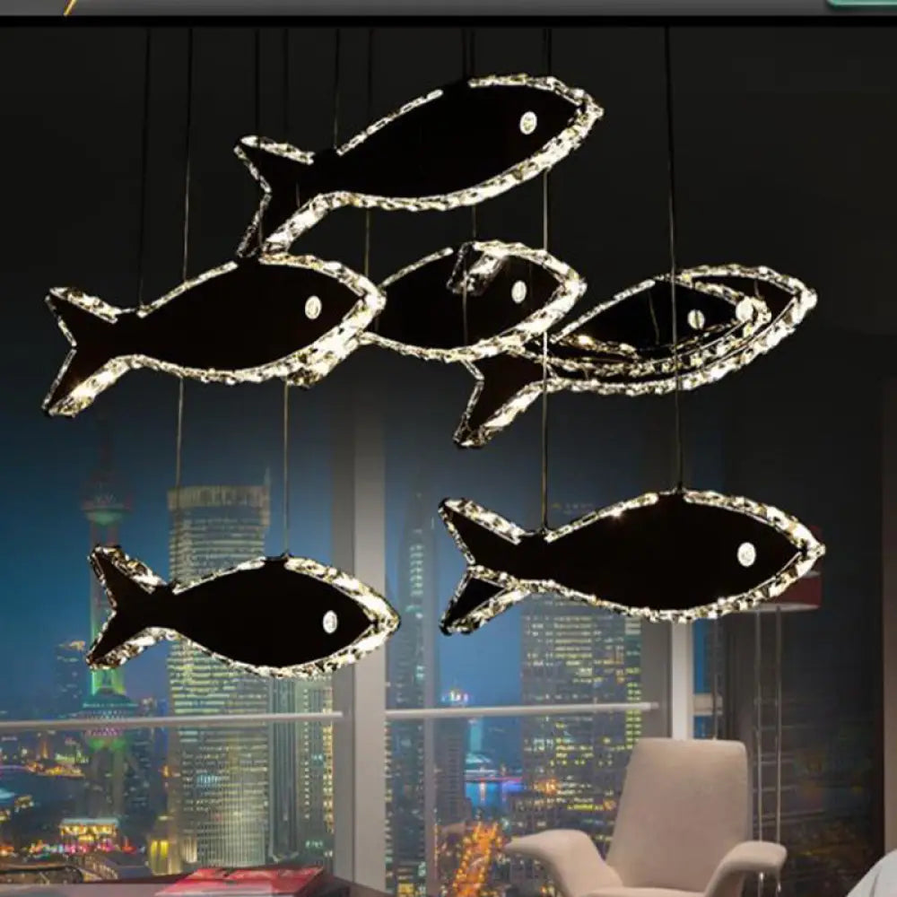 Contemporary Led Chrome Crystal Fish Ceiling Chandelier - White/Warm Light Fixture / White