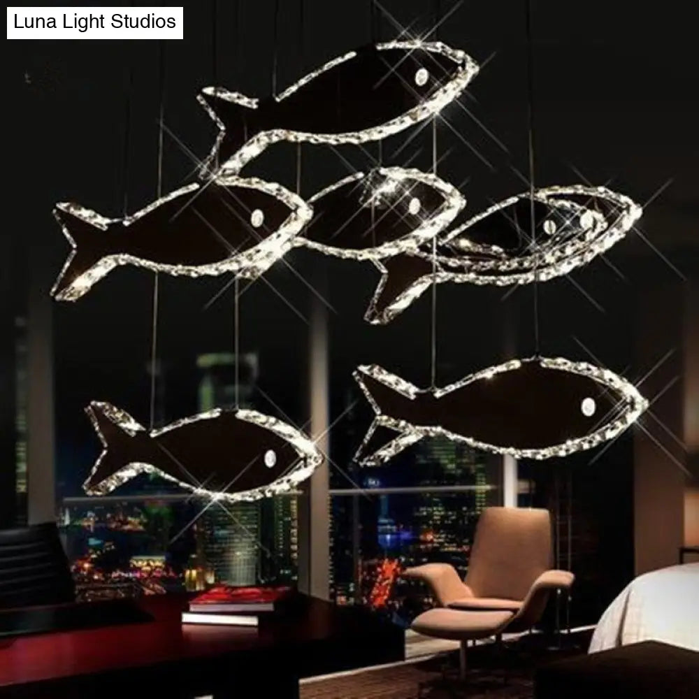 Contemporary Led Chrome Crystal Fish Ceiling Chandelier - White/Warm Light Fixture