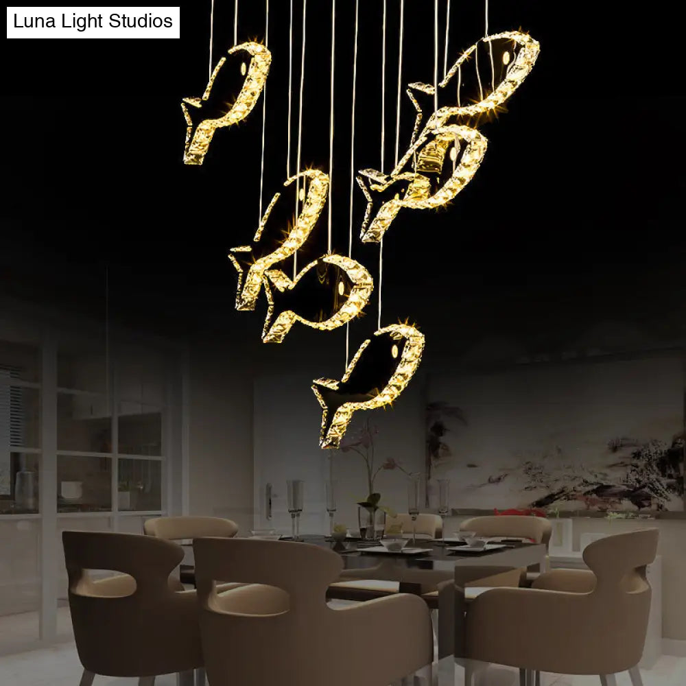 Contemporary Led Chrome Crystal Fish Ceiling Chandelier - White/Warm Light Fixture