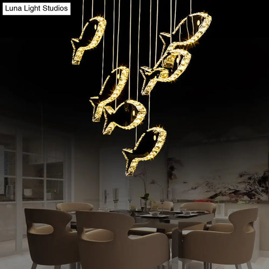 Contemporary Led Chrome Crystal Fish Ceiling Chandelier - White/Warm Light Fixture