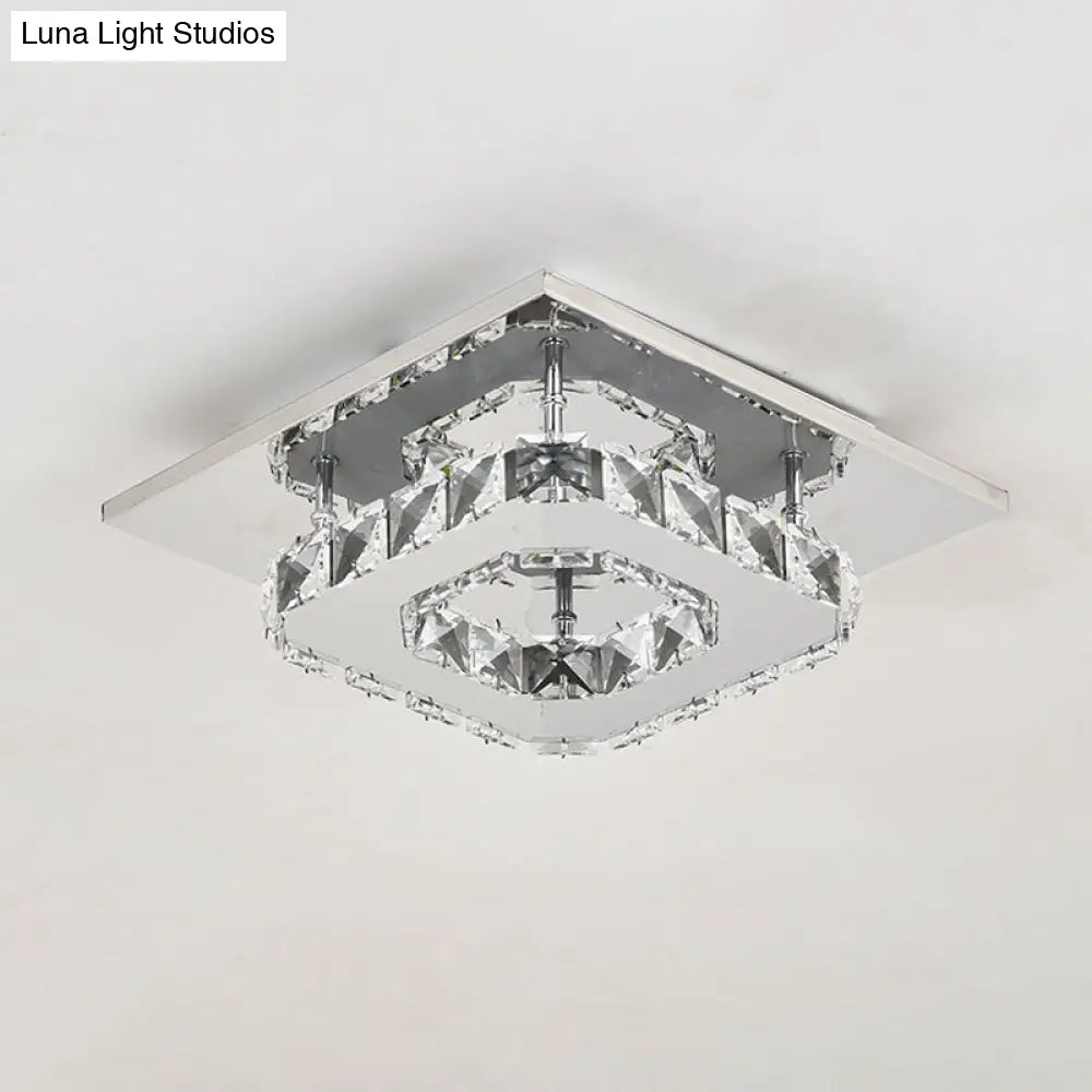 Contemporary Led Chrome Square Ceiling Lamp: Clear Crystal Flush Mount Lighting For Porch