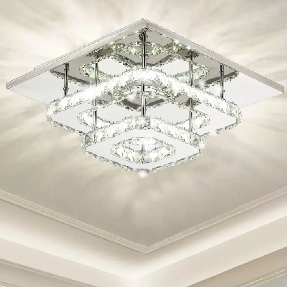 Contemporary Led Chrome Square Ceiling Lamp: Clear Crystal Flush Mount Lighting For Porch / 2 Tiers