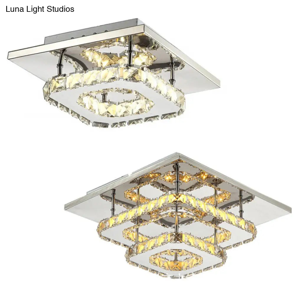 Contemporary Led Chrome Square Ceiling Lamp: Clear Crystal Flush Mount Lighting For Porch