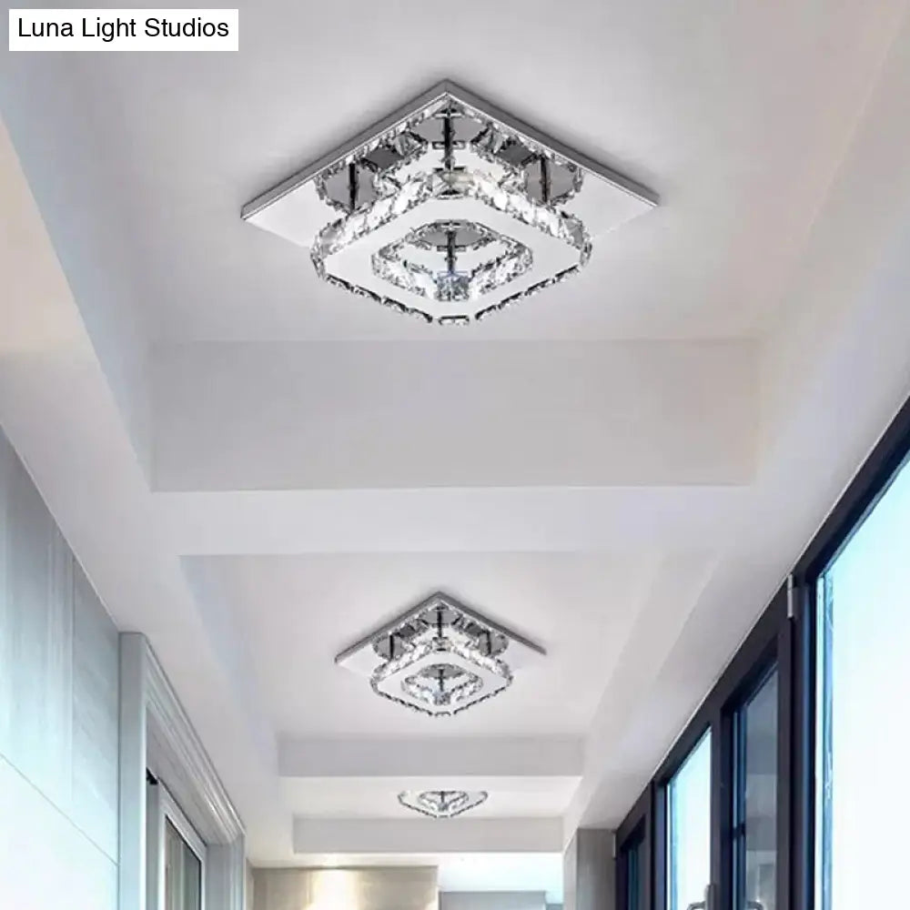 Contemporary Led Chrome Square Ceiling Lamp: Clear Crystal Flush Mount Lighting For Porch / 1 Tier