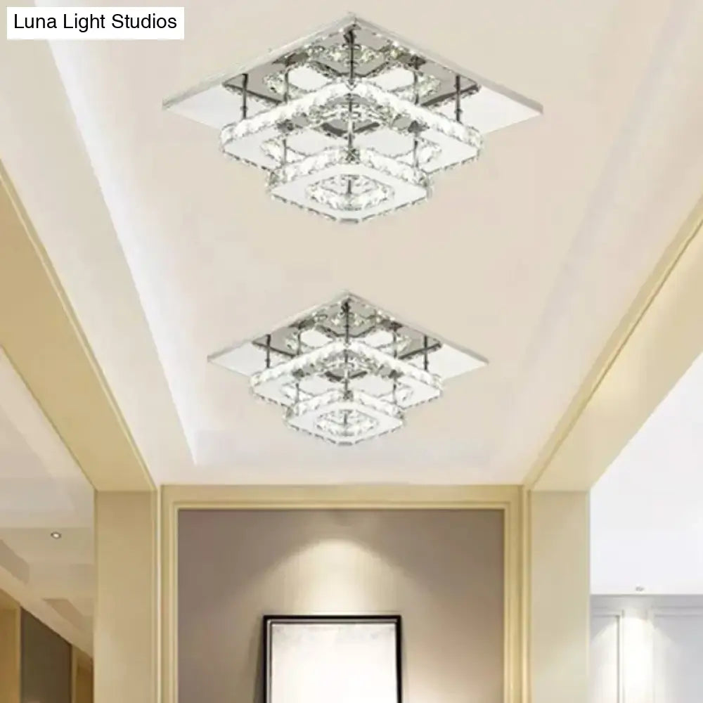 Contemporary Led Chrome Square Ceiling Lamp: Clear Crystal Flush Mount Lighting For Porch