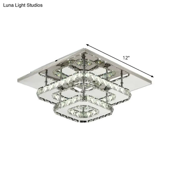 Contemporary Led Chrome Square Ceiling Lamp: Clear Crystal Flush Mount Lighting For Porch