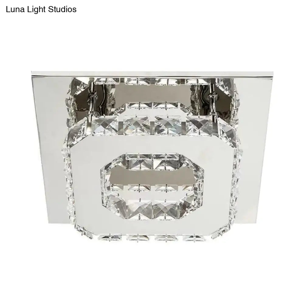 Contemporary Led Chrome Square Ceiling Lamp: Clear Crystal Flush Mount Lighting For Porch