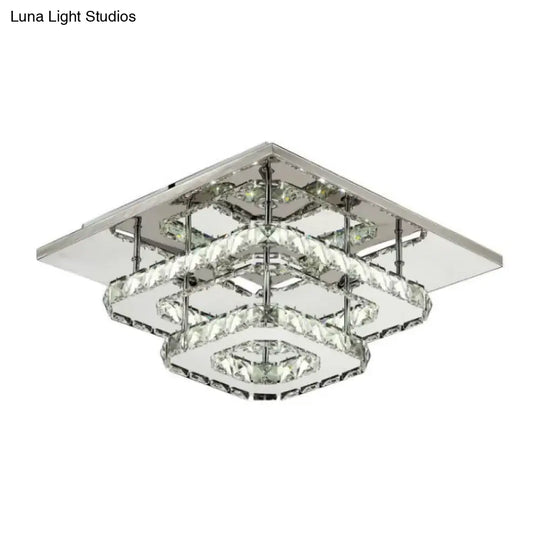 Contemporary Led Chrome Square Ceiling Lamp: Clear Crystal Flush Mount Lighting For Porch