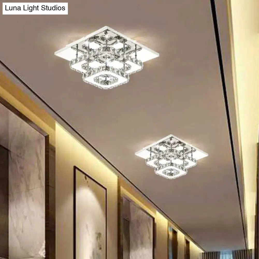 Contemporary Led Chrome Square Ceiling Lamp: Clear Crystal Flush Mount Lighting For Porch