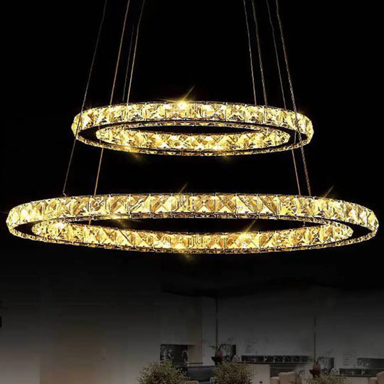 Contemporary Led Crystal Block Chandelier Pendant Light For Bedroom Clear / 12’ + 19.5’ Warm