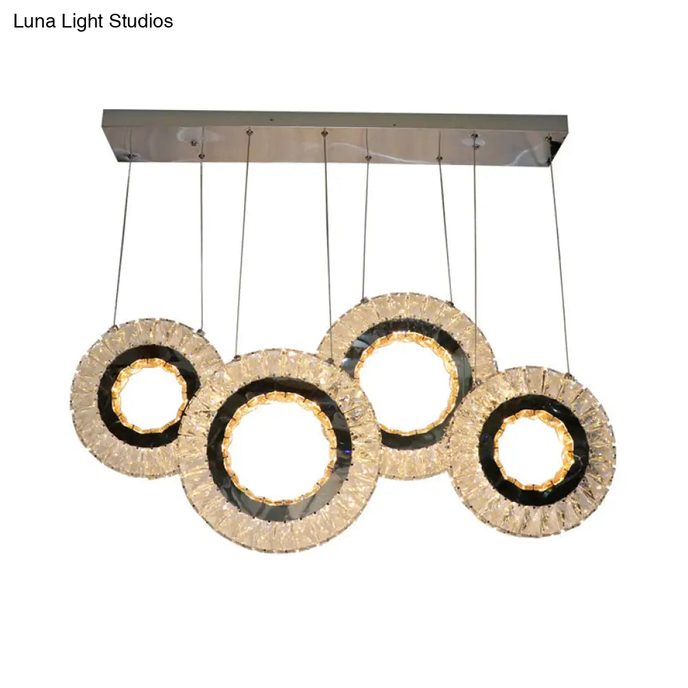 Contemporary Led Crystal Blocks Suspension Light - 4-Ring Multi Ceiling Lamp In Black