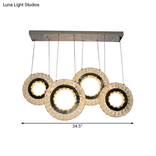 Contemporary Led Crystal Blocks Suspension Light - 4-Ring Multi Ceiling Lamp In Black