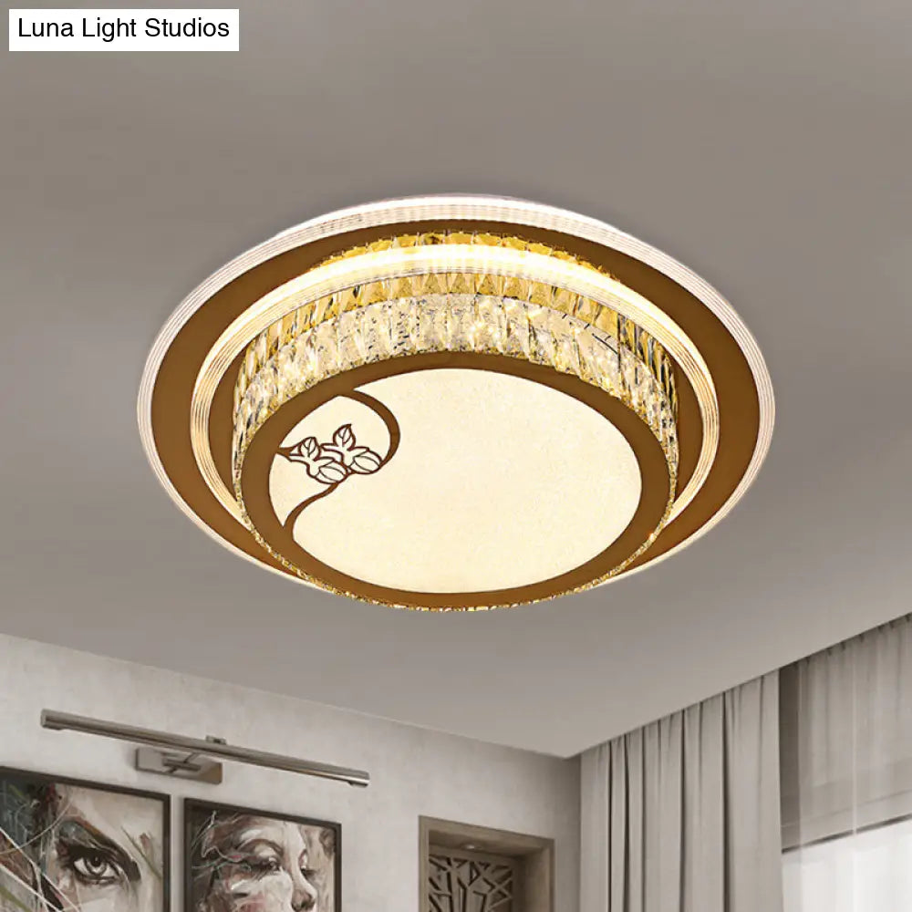 Contemporary Led Crystal Ceiling Light - Chrome Drum Flush Mount For Bedroom