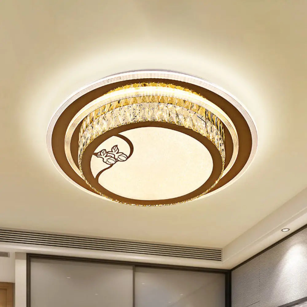 Contemporary Led Crystal Ceiling Light - Chrome Drum Flush Mount For Bedroom Stainless - Steel