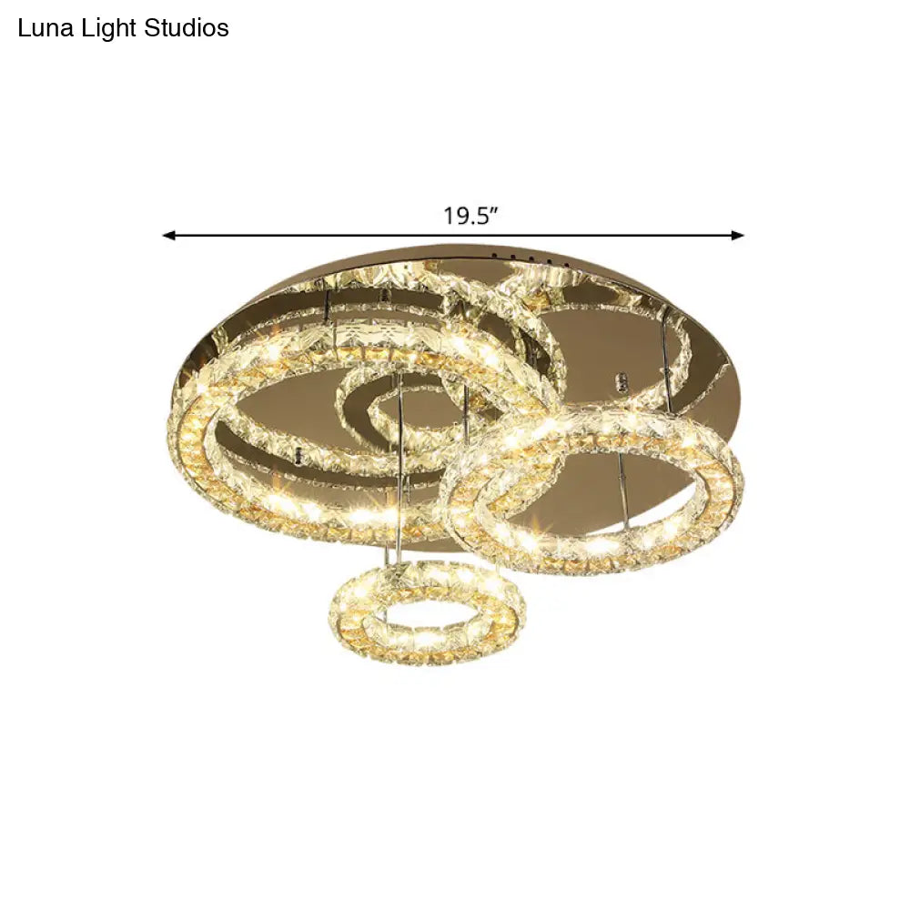Contemporary Led Crystal Ceiling Light Fixture - Stainless Steel Semi Flush Mount With 3 Rings