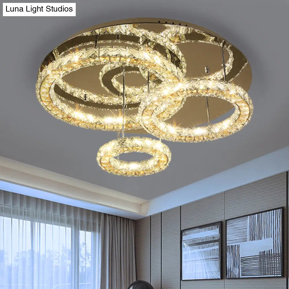 Contemporary Led Crystal Ceiling Light Fixture - Stainless Steel Semi Flush Mount With 3 Rings