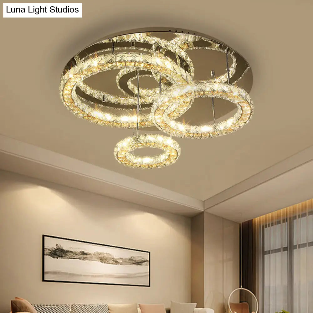 Contemporary Led Crystal Ceiling Light Fixture - Stainless Steel Semi Flush Mount With 3 Rings