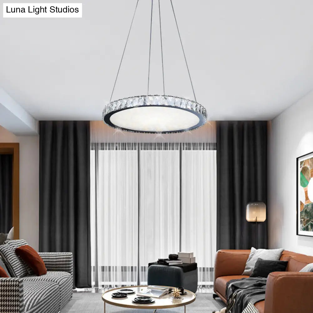 Contemporary Crystal Led Chandelier Pendant Light - Round Nickel Ceiling Fixture