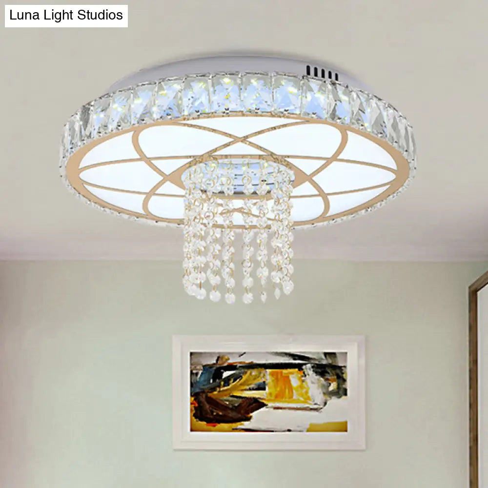 Contemporary Led Crystal Close To Ceiling Light - Gold Round Flush Mount Lamp For Bedroom