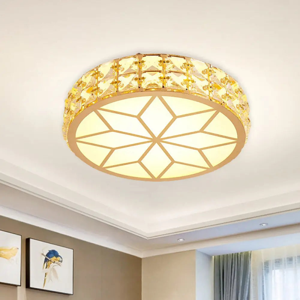 Contemporary Led Crystal Drum/Flower Corridor Flushmount Ceiling Light - White/Gold Finish Gold