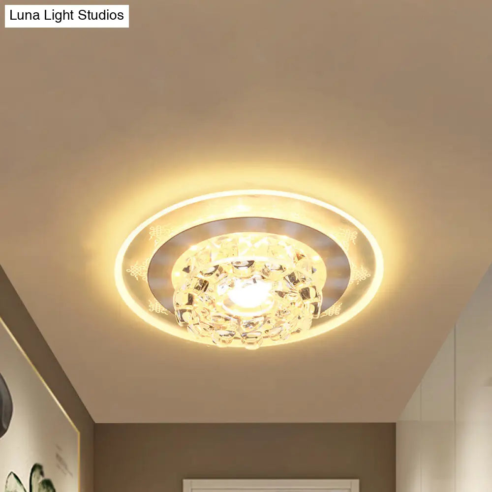 Contemporary Led Crystal Flush Mount Ceiling Lamp In Chrome - Beveled Round Design