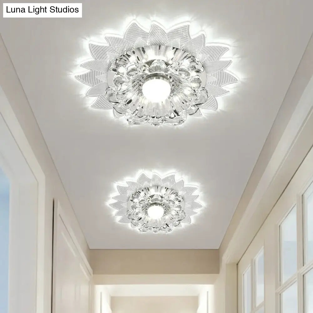 Contemporary Led Crystal Flush Mount Ceiling Light With Blossom Design For Hallways - Clear / 3W