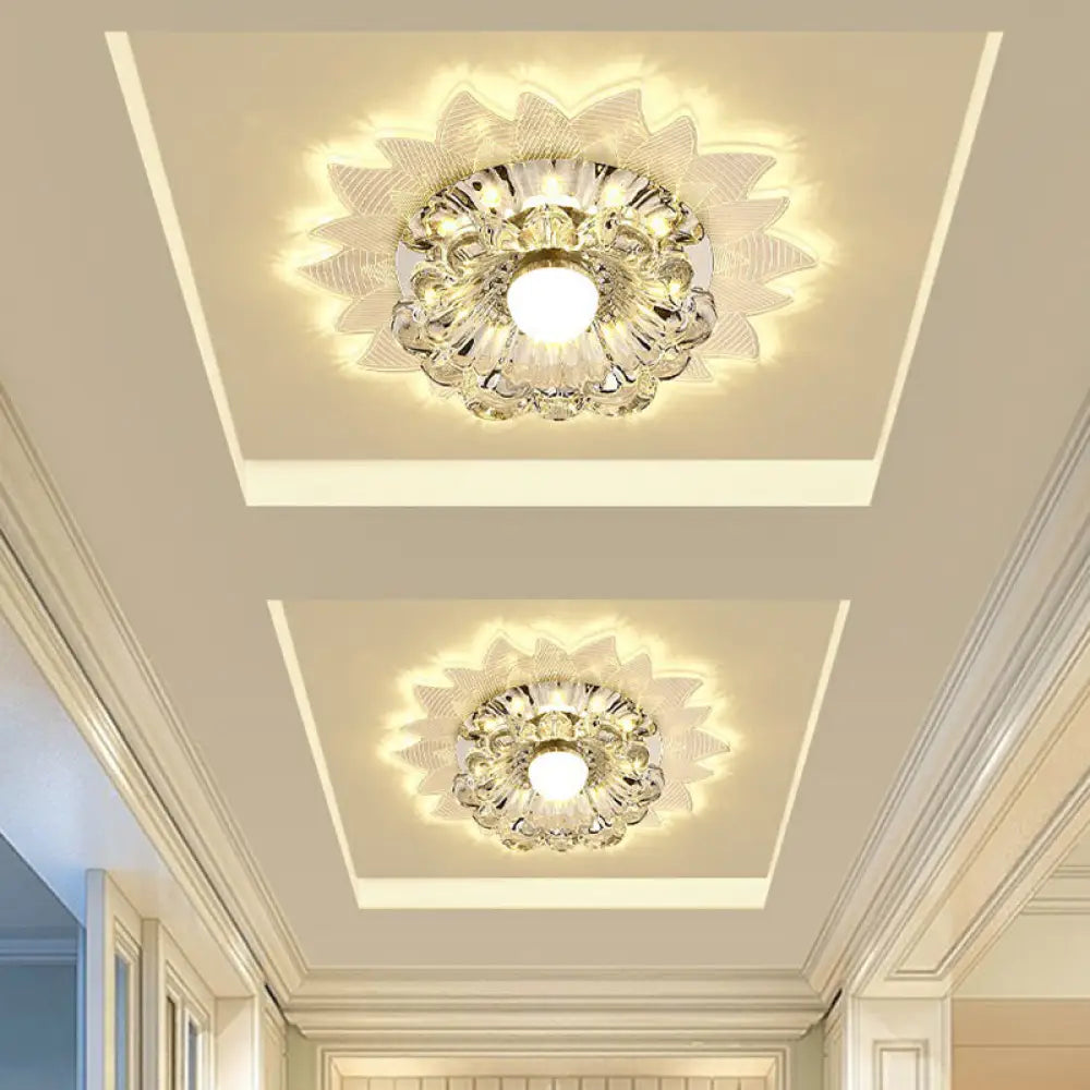 Contemporary Led Crystal Flush Mount Ceiling Light With Blossom Design For Hallways - Clear / 3W