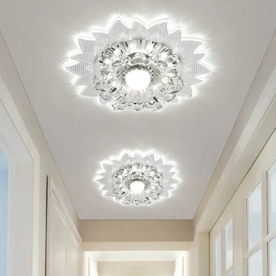 Contemporary Led Crystal Flush Mount Ceiling Light With Blossom Design For Hallways - Clear / 3W