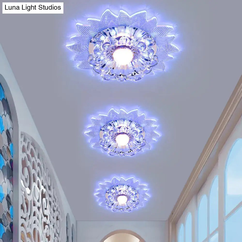 Contemporary Led Crystal Flush Mount Ceiling Light With Blossom Design For Hallways - Clear / 3W