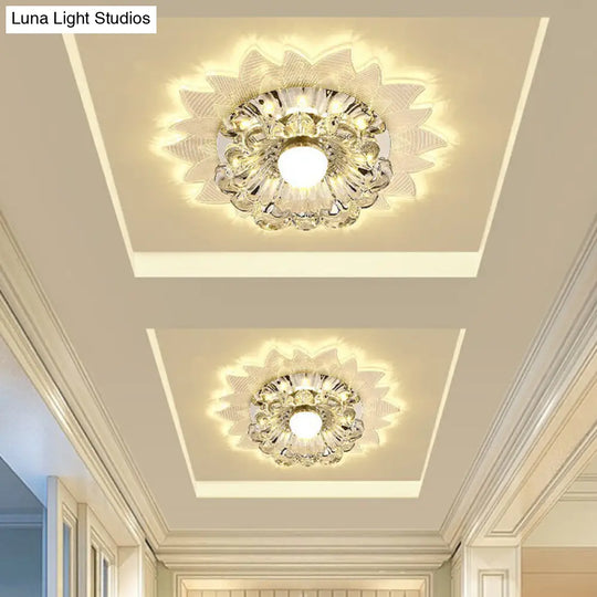 Contemporary Led Crystal Flush Mount Ceiling Light With Blossom Design For Hallways - Clear / 3W