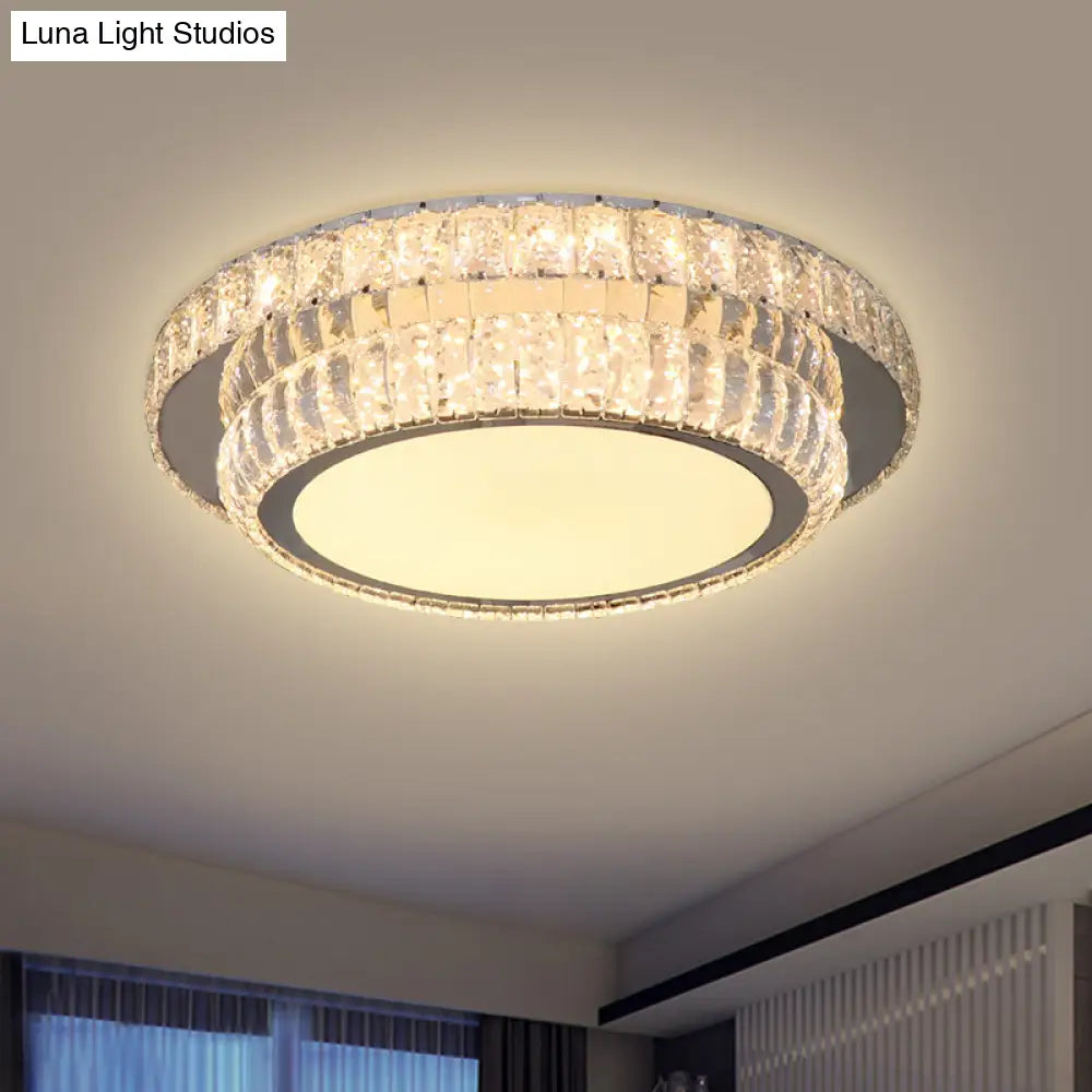 Contemporary Led Crystal Flush Mount Fixture With 2 - Tier Circular Design In Nickel Finish