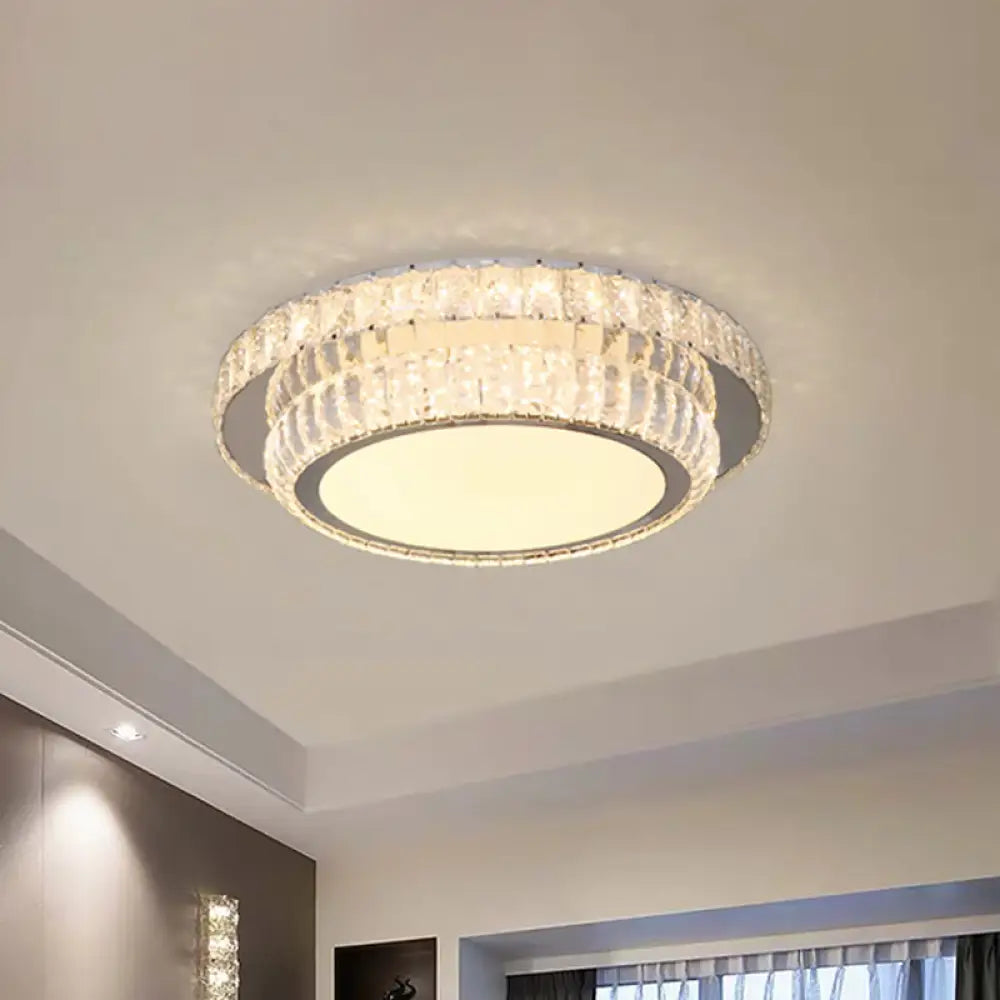 Contemporary Led Crystal Flush Mount Fixture With 2 - Tier Circular Design In Nickel Finish