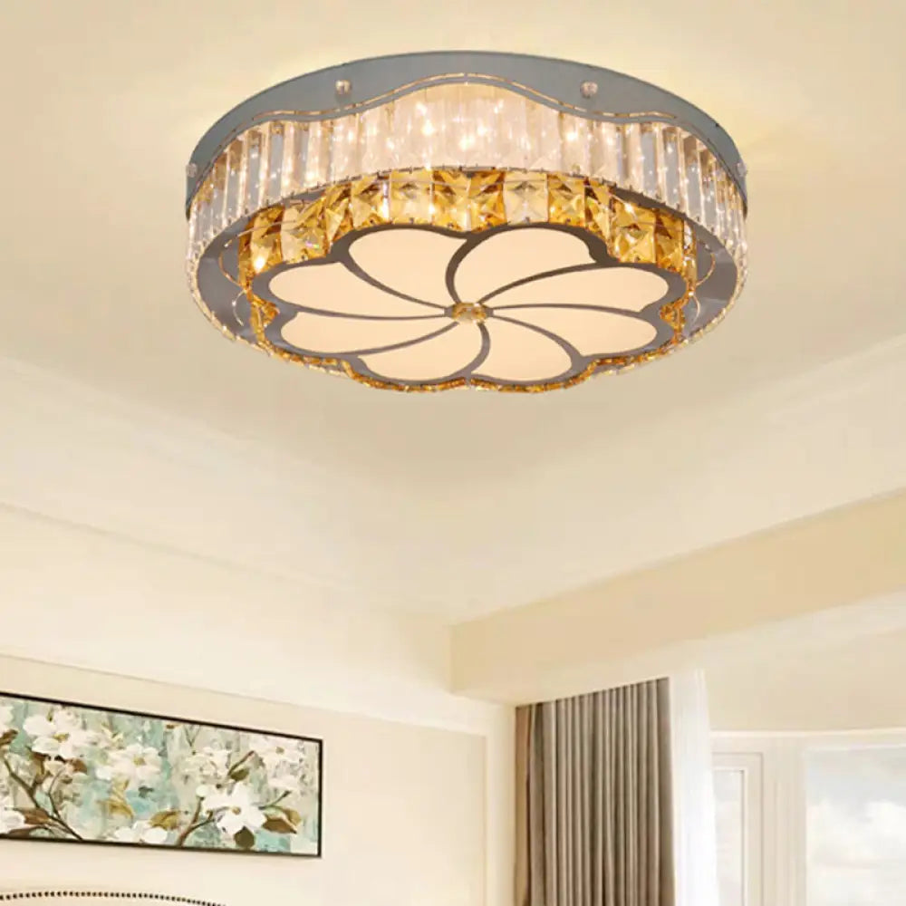 Contemporary Led Crystal Flushmount Ceiling Lamp With Windmill Pattern - Stainless Steel Drum