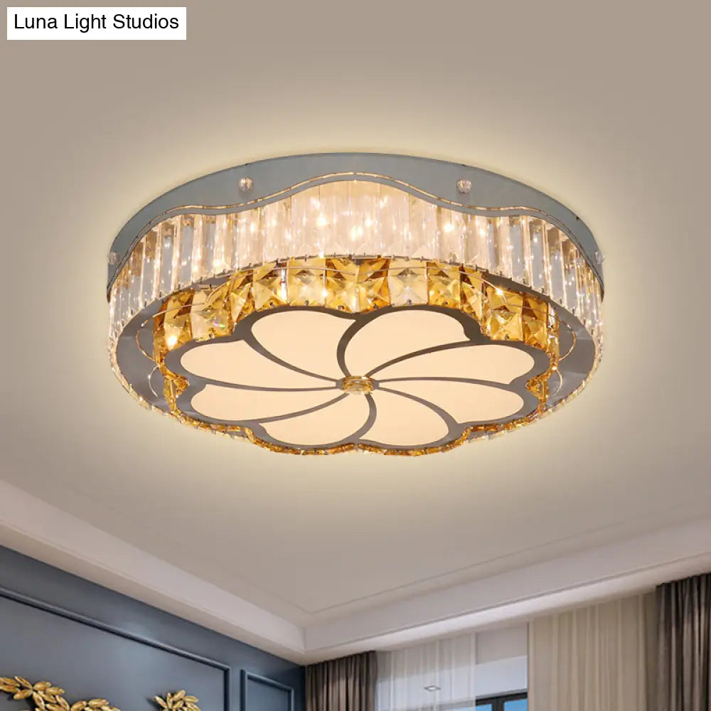 Contemporary Led Crystal Flushmount Ceiling Lamp With Windmill Pattern - Stainless Steel Drum Design